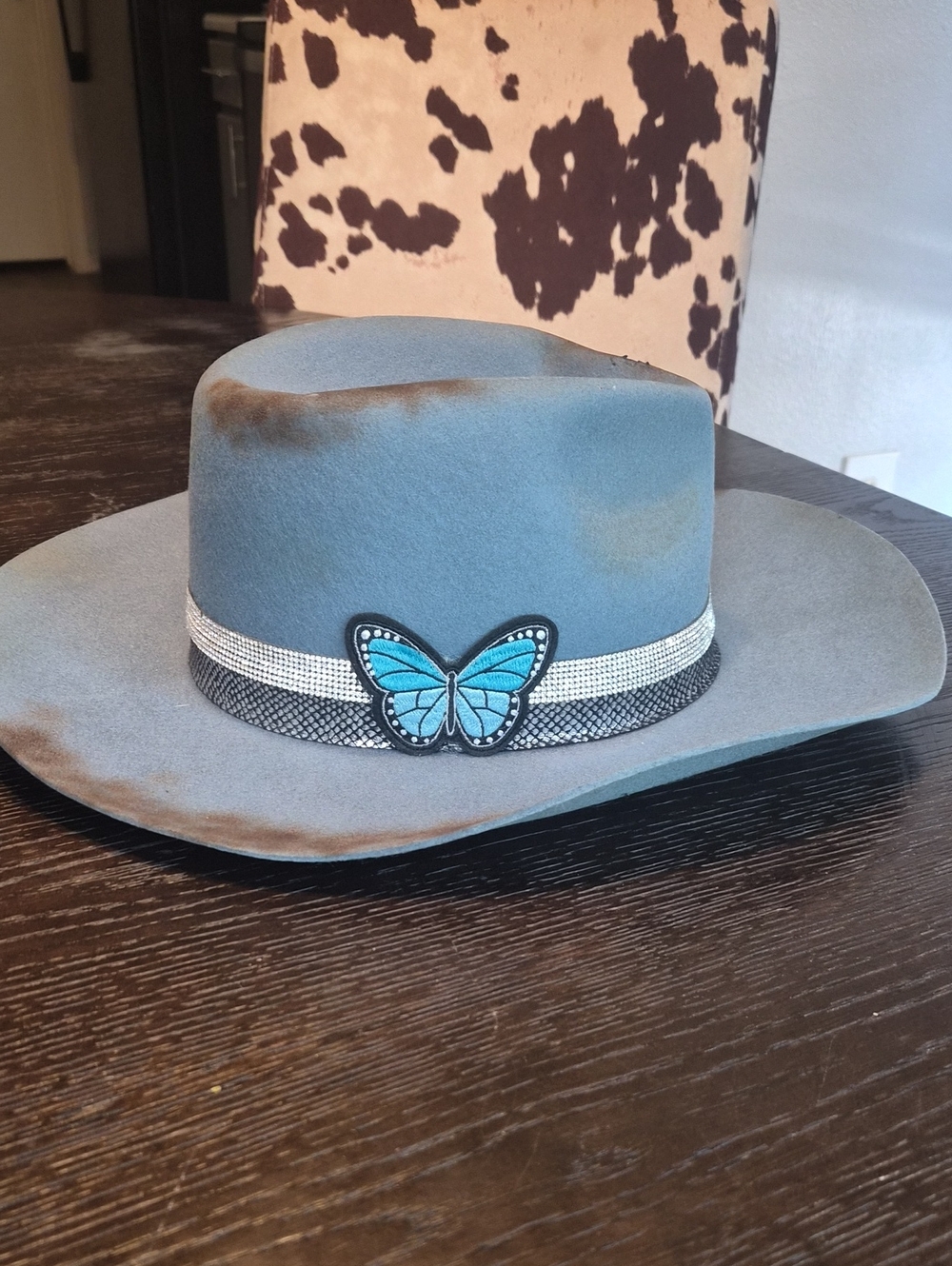 Women's Slate Blue Western Hat with Blue Butterfly Accent